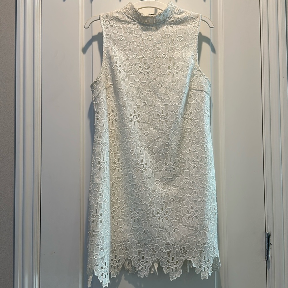Lucy Paris White Faux Turtle Neck Eyelet/ Lace Short Dress